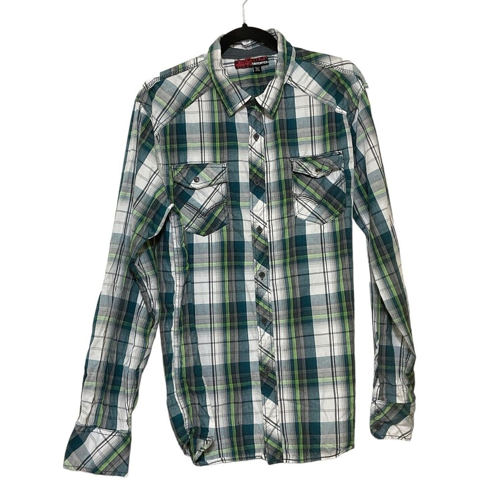 Distortion Mens Green Multi Color Plaid Western Button Down Shirt Size‎ XL